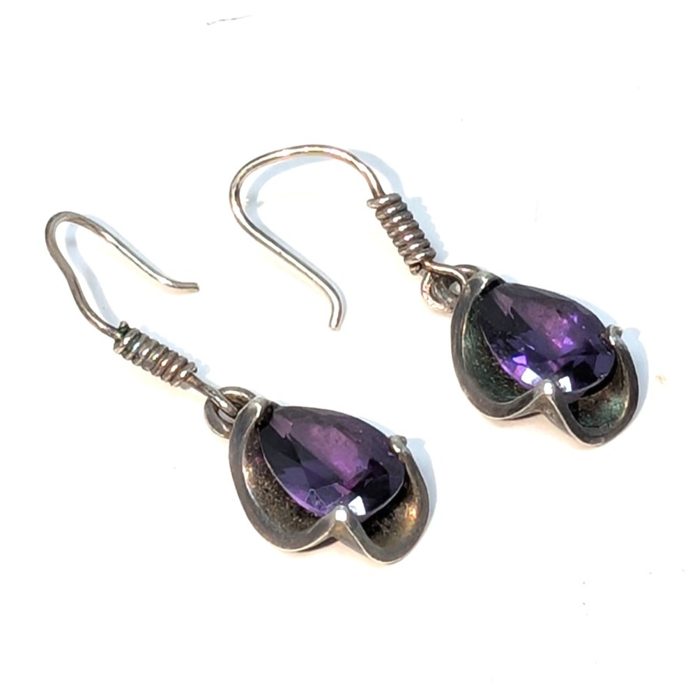 Vintage Amethyst Pear Drop Earrings 925 Sterling Silver Leaf Setting 6.38g